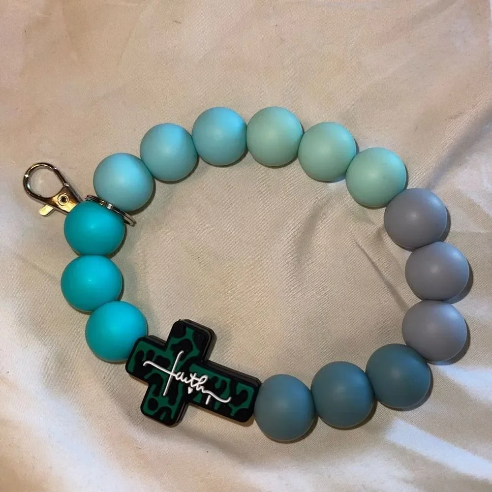 Keychain bracelet wristlet silicone beaded Faith Cross Christ Christian Leopard